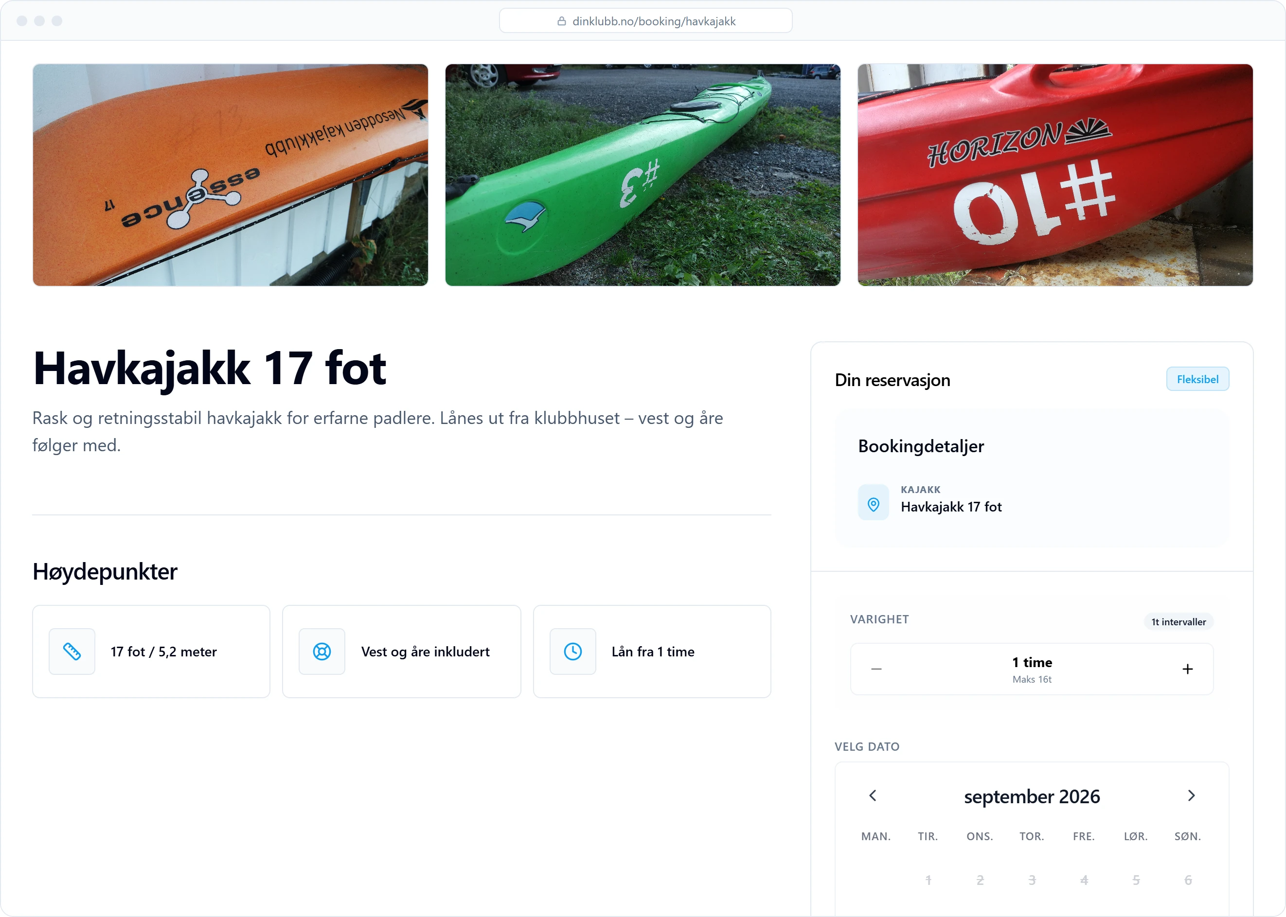 Egen bookingside for én kajakk med bilder, høydepunkter og bestillingsskjema