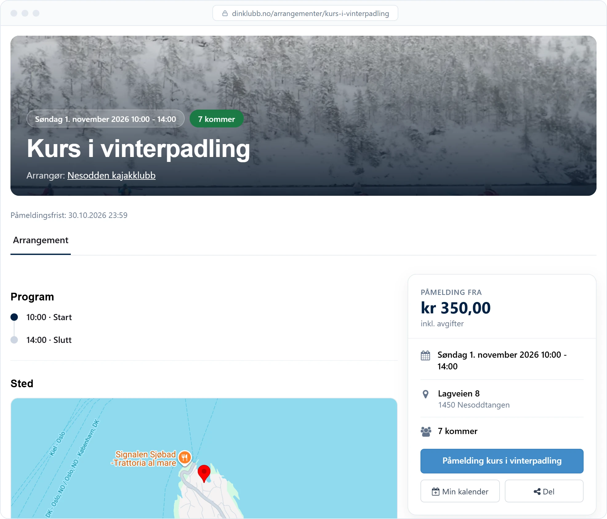 Arrangementsside for et kurs i vinterpadling med dato, program, sted og påmeldingskort med pris