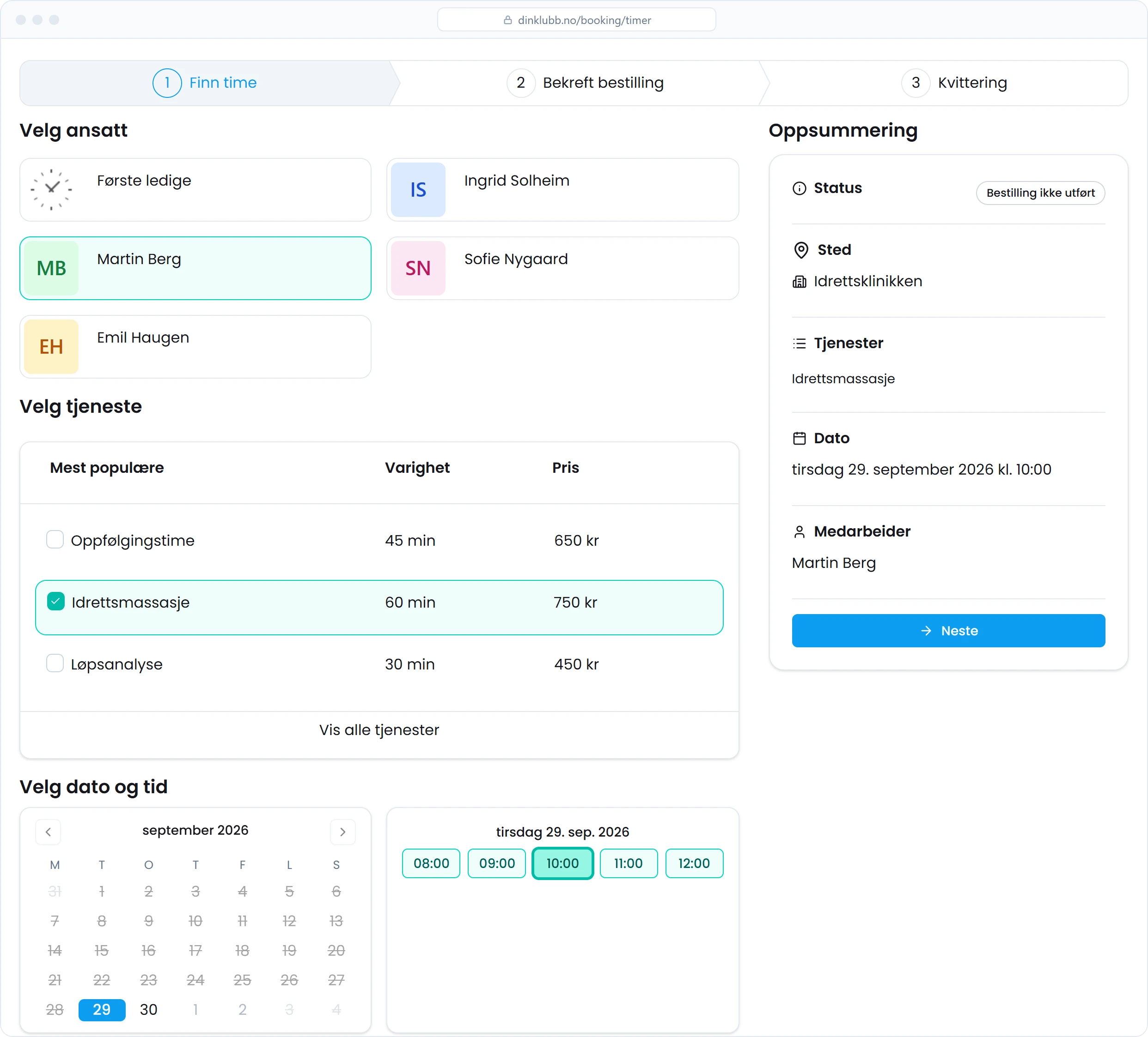 Timebooking der kunden har valgt behandler, tjeneste og ledig time