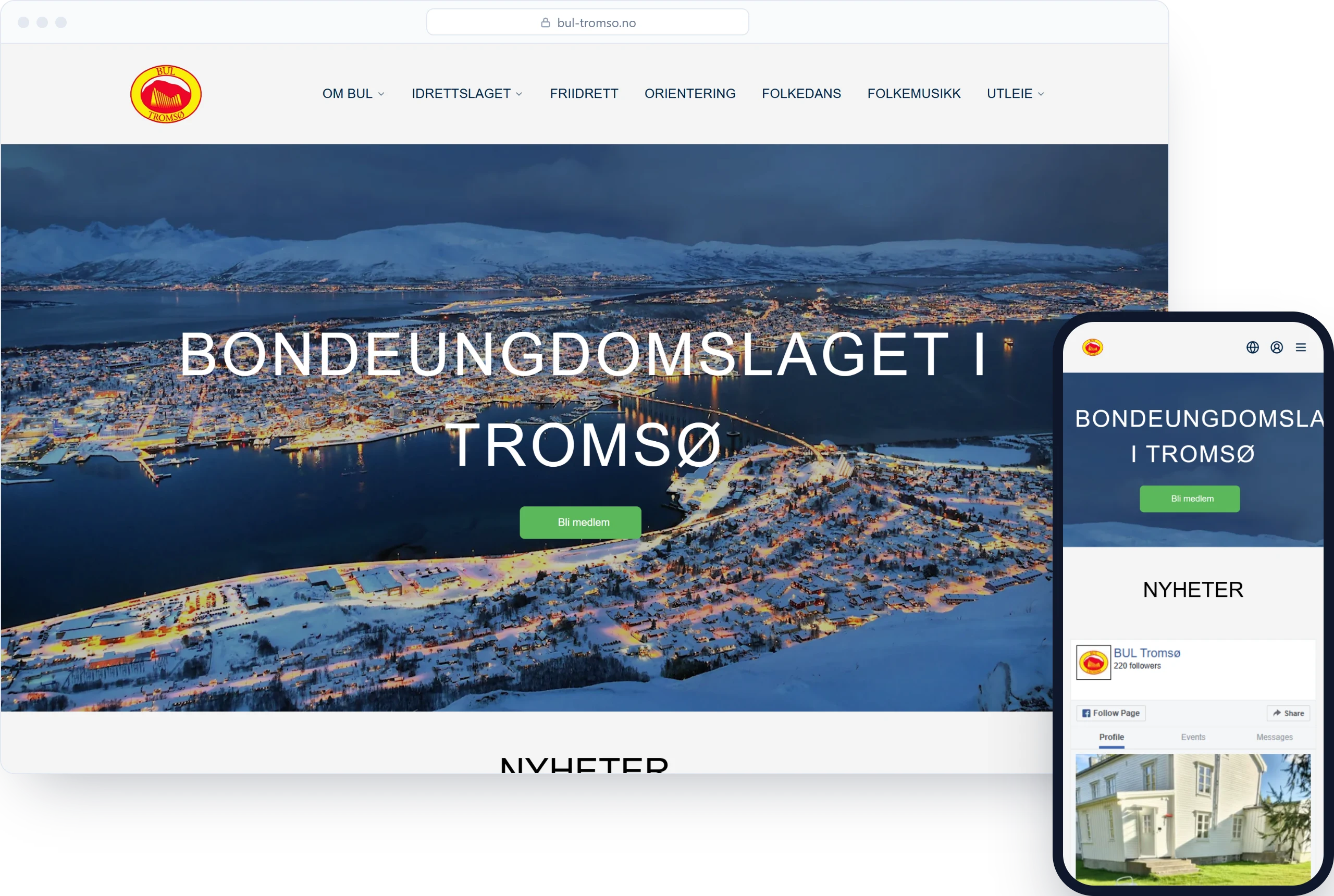 Nettsiden til Bondeungdomslaget i Tromsø på PC og mobil