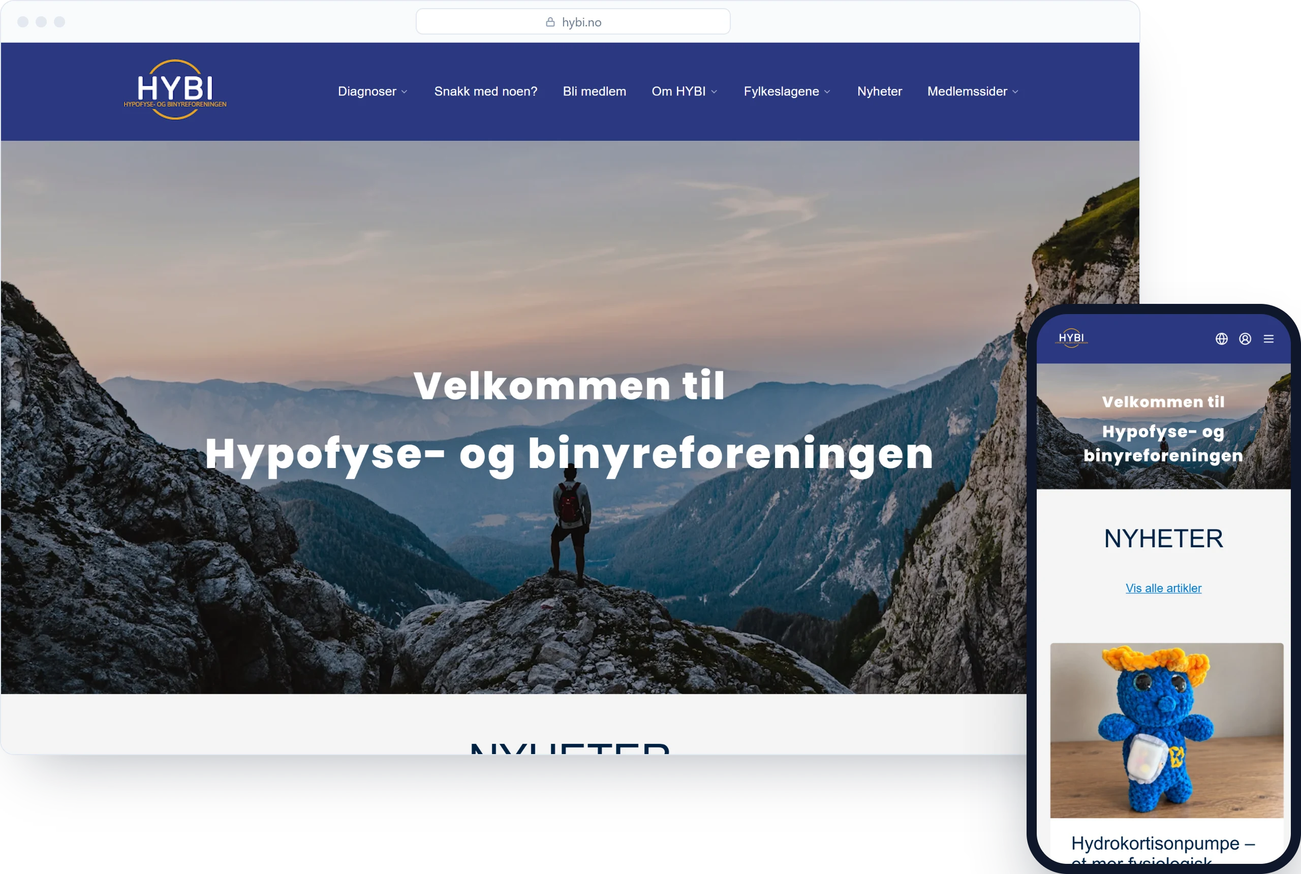 Nettsiden til Hypofyse- og binyreforeningen på PC og mobil