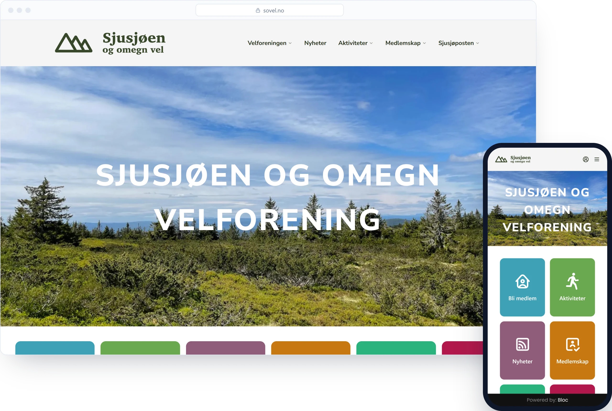 Nettsiden til Sjusjøen og omegn velforening på PC og mobil